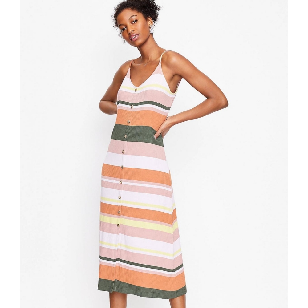 LOFT Colorful Striped Button Front Sleeveless  Ribbed Midi Dress sz MP